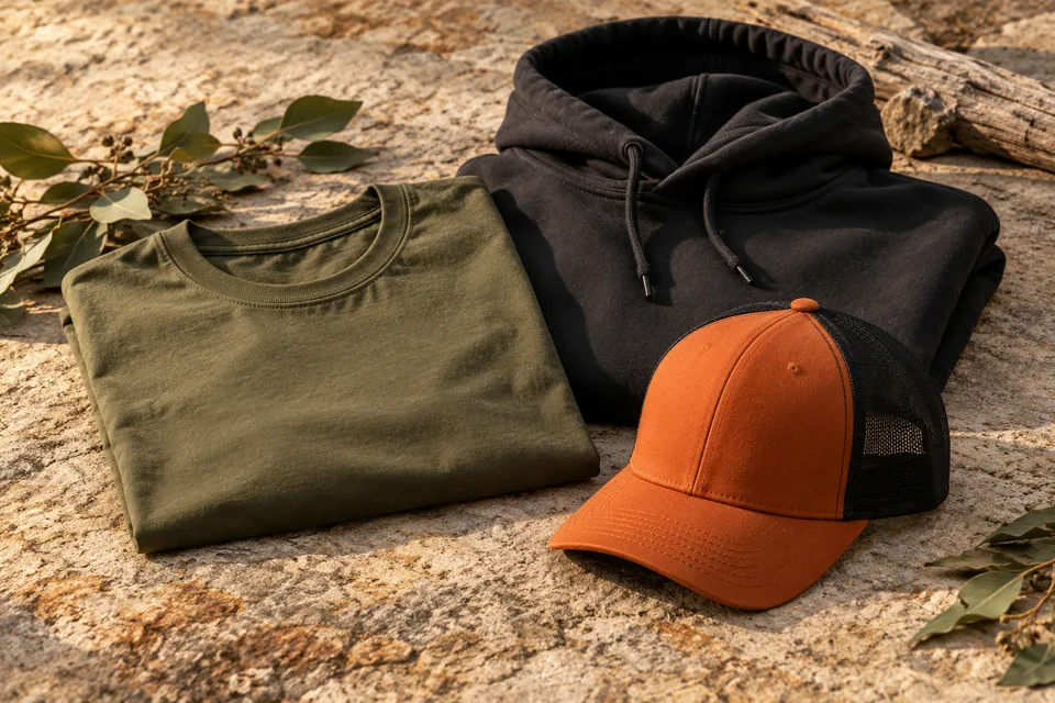 Olive and charcoal outdoor apparel with a blaze-orange cap.