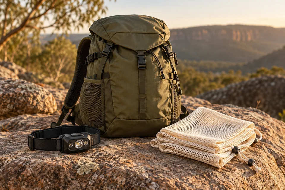 An olive field pack, headlamp and folded game bags.