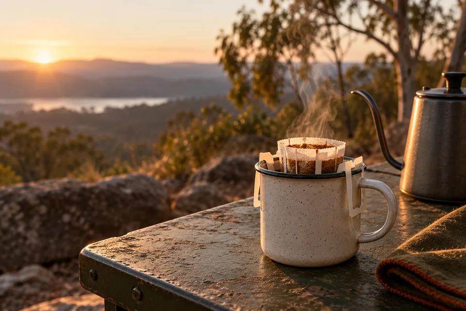 Pour-over coffee at first light, overlooking eucalyptus country.